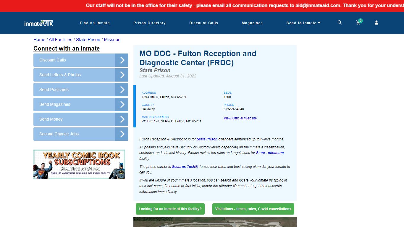 MO DOC - Fulton Reception and Diagnostic Center (FRDC) - InmateAid